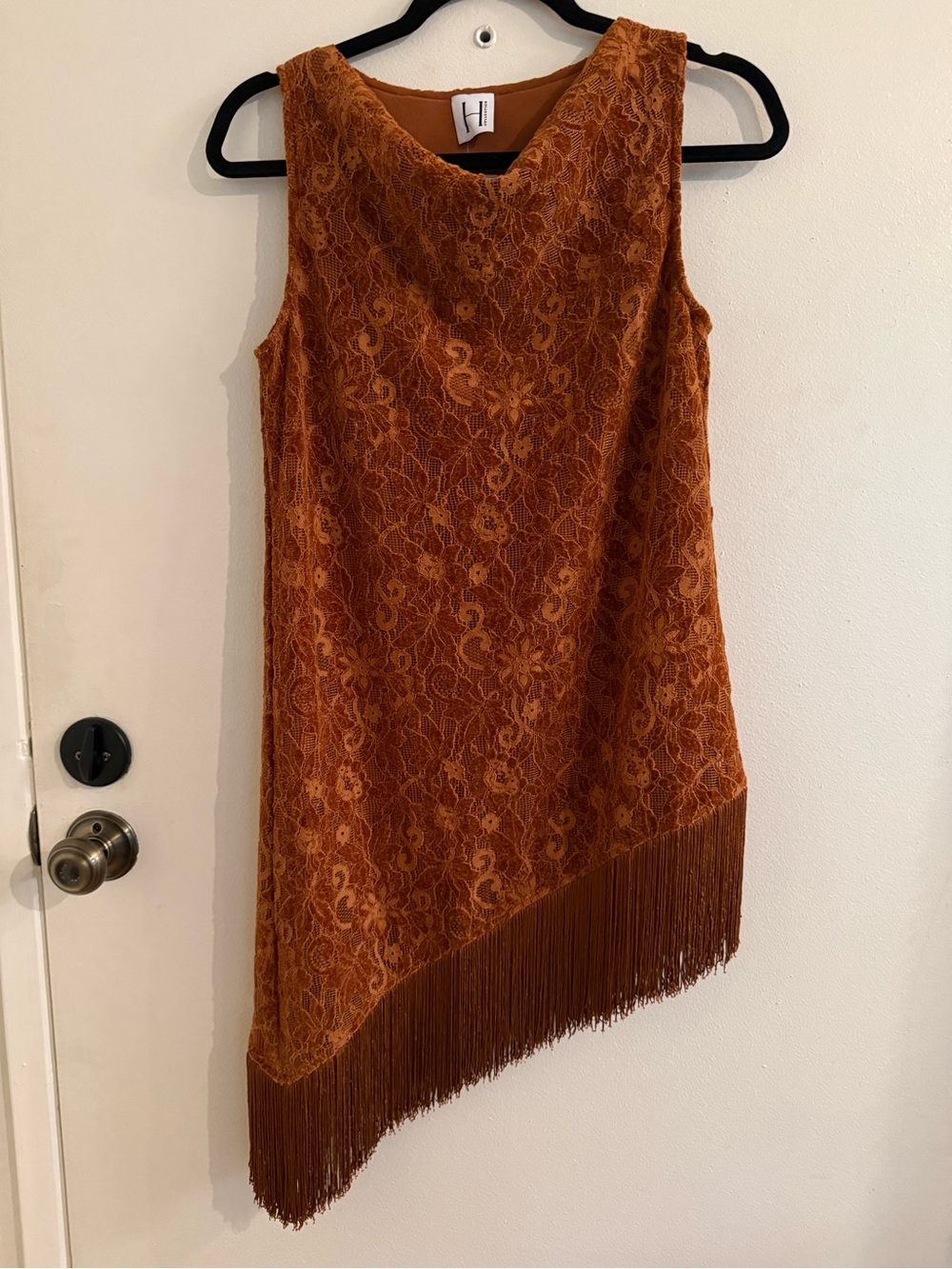 Burnt Orange Lace Fringe Asymmetrical Dress NWT